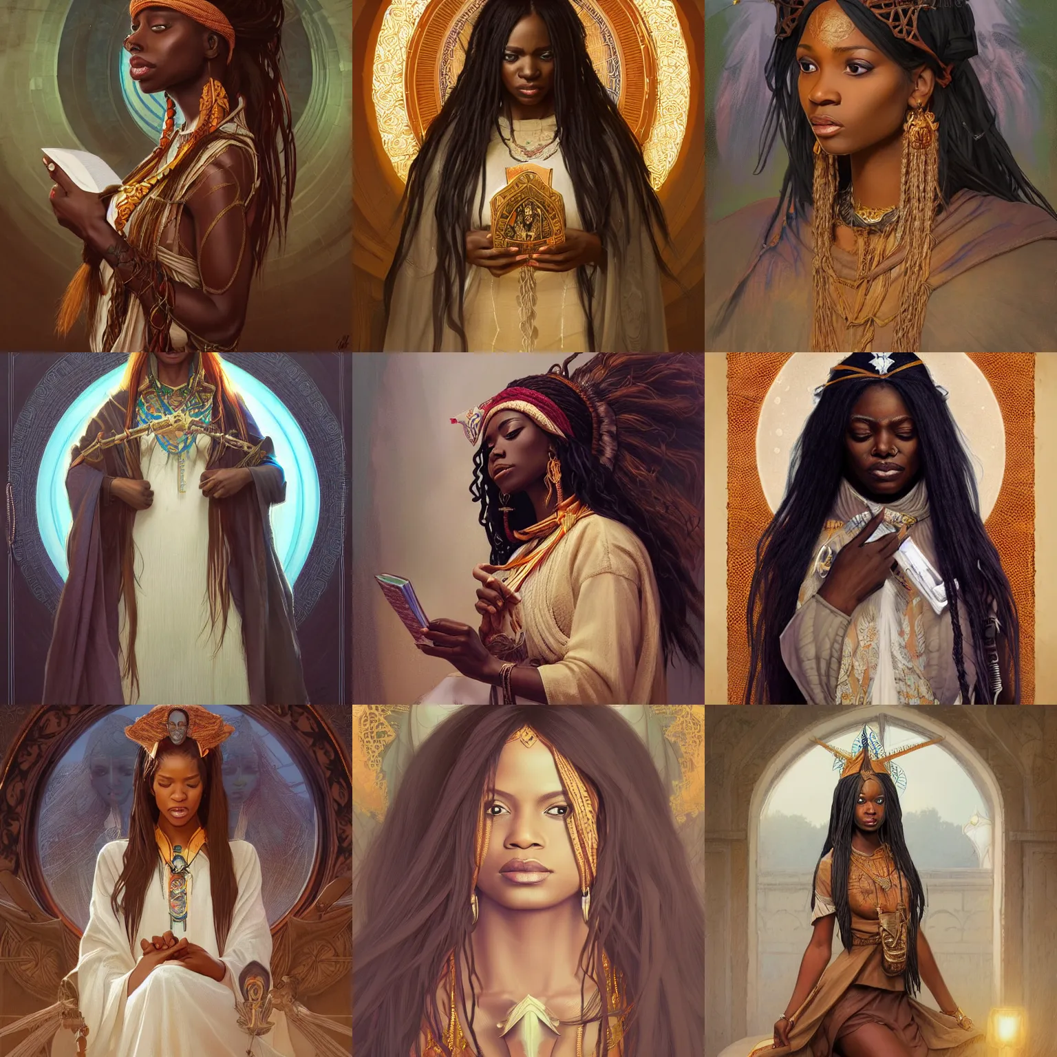 Prompt: nigerian priestess with long hair wearing a read dress, fantasy, portrait, highly detailed, digital painting, artstation, concept art, sharp focus, illustration, art by artgerm and greg rutkowski and alphonse mucha