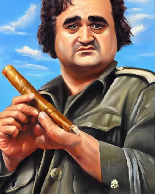 Image similar to oil painting, highly detailed, of john belushi as ww 2 era crazed national guard pilot wild bill kelso with his cigar, from the movie 1 9 4 1