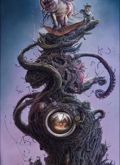 Image similar to cheshire cat the magician tarot card, highly detailed, cinematic, 8 k, by stanley artgermm, tom bagshaw, greg rutkowski, carne griffiths, ayami kojima, beksinski, giger, trending on deviantart, hyper detailed, horror, full of colour