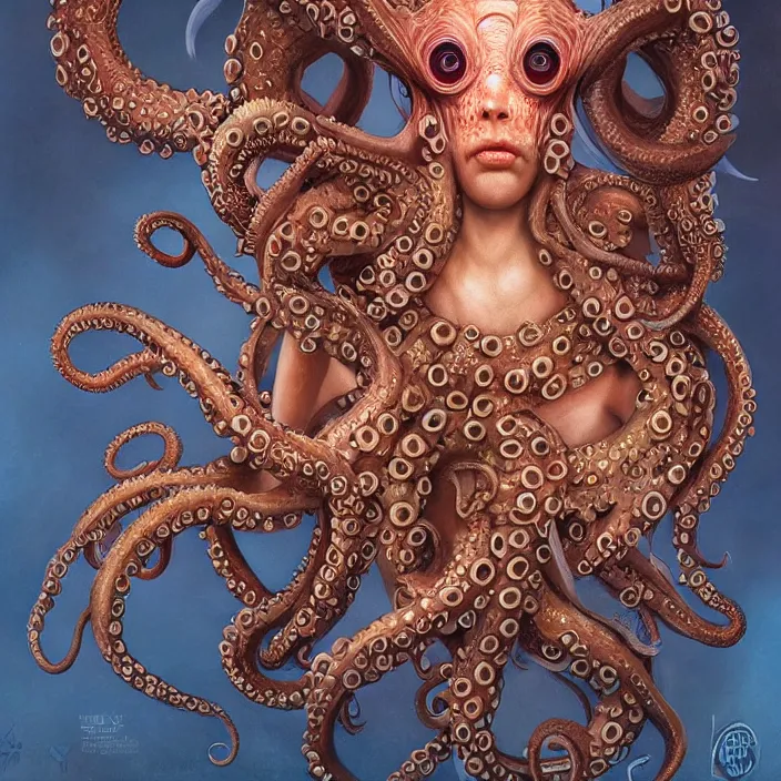 Prompt: beautiful and exotic octopus queen bust portrait, glowing big eyes, art nouveau declotage, perfect symmetrical facial features, hyperrealistic bone structure, desaturated, beautiful lighting, extremely hyperdetailed, mixed media painting, unreal engine, 8 k, octane, 8 mm, by travis charest, rodney matthews and chris achilleos