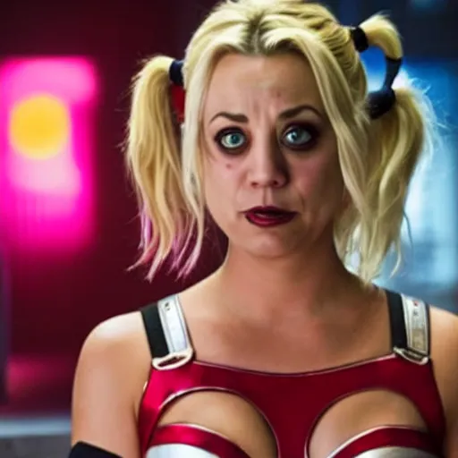 Image similar to A still of Kaley Cuoco as Harley Quinn