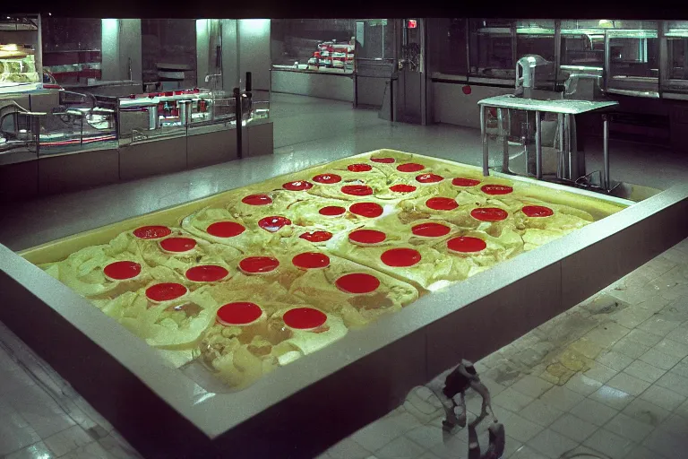 Image similar to flooded mcdonald's mc - aspic aspic meal, in 1 9 9 5, y 2 k cybercore, industrial low - light photography, still from a ridley scott movie