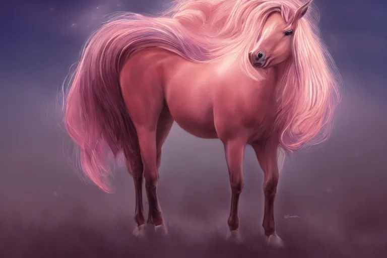 Prompt: Pinkie Pie sitting down viewed from behind, gazing off into the horizon, professional equine photography and mood lighting, mane and tail flowing in the wind, relaxed expression, subtle fog, fireflies, realistic digital art, 4k