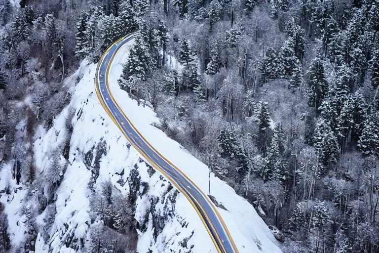 Image similar to a dangerous winding road route on an icy snowy cliff, blizzard, photo