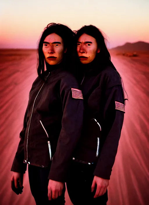 Image similar to cinestill 5 0 d photographic portrait of two loving clones, women wearing rugged black techwear on a desolate plain with a red sky, extreme closeup, diverse species, cyberpunk, in front of a brutalist dark metal facility, dust storm, 3 5 mm, 8 k, f / 3 2, high resolution, ultra realistic faces, beautiful faces