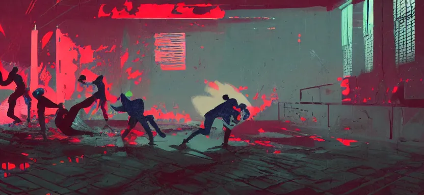 Prompt: handmade illustration of a violent boxing match in an industrial room, line art, octane render with volumetric lighting, architectural illustration by cedric peyraavernay, waste processing machinery, bladerunner, green and red radioactive swamp, by Remedios Varo and Anato Finnstark and Greg Rutkowski, dayglo pink, dayglo blue, dazzle camouflage, 8k, trending on ArtStation