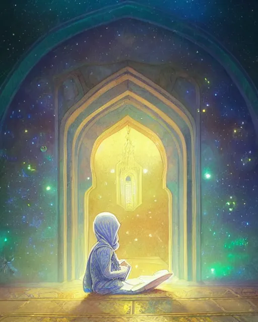 Image similar to bedouin child reading the quran inside of the mosque in the galaxy surrounded by nebula, highly detailed, gold filigree, romantic storybook fantasy, soft cinematic lighting, award, disney concept art watercolor illustration by mandy jurgens and alphonse mucha and alena aenami, pastel color palette, featured on artstation