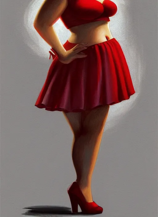 Image similar to full body portrait of teenage veronica lodge, obese, bangs, sultry, realistic, sultry smirk, wavy hair, red skirt, fat, belly, intricate, elegant, glowing lights, highly detailed, digital painting, artstation, concept art, smooth, sharp focus, illustration, art by wlop, mars ravelo and greg rutkowski