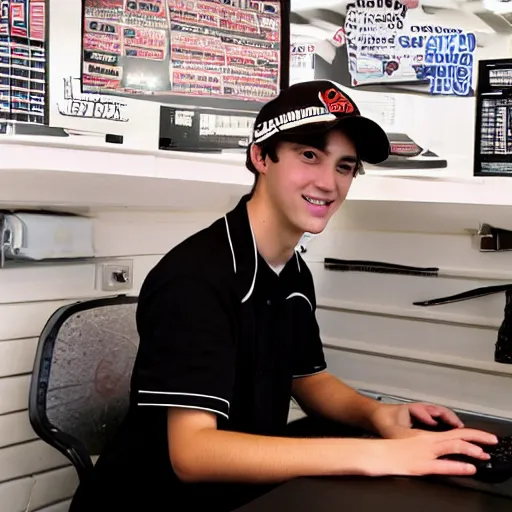 Image similar to 21 year old Jimmy John’s manager with pale skin and brown curly hair is wearing a black baseball cap and tapping a computer screen on the wall