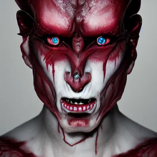 Prompt: a demon inspired by plastic created by the make up artist hungry, photographed by andrew thomas huang, cinematic, expensive visual effects