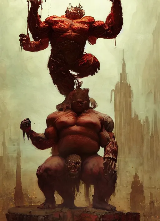 Image similar to huge hulking brute demon king wide shoulders, vascular hands, muscular arms, wearing cape sitting on throne in science fiction hall, by sergey kolesov and lawrence alma tadema and norman rockwell and greg staples and craig mullins and john berkey and ruan jia, artstation creature art