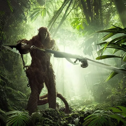 Image similar to a small and frail adventurer armed with a sword, in front of a colossal snake monster, frightening and staring, immersed in thick and dense jungle with dim light filtering through the foliage, by mattias bergstrom, 8 k, extreme details, masterpiece, dramatic perspective, low - angle, sigma 2 4 mm f / 8