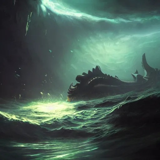 Image similar to Underwater Leviathan, bioluminescent, eerie, emotion, scenery, oil painting, Tooth Wu, Greg Rutkowski, RPG, dynamic lighting, fantasy art, high contrast, depth of field