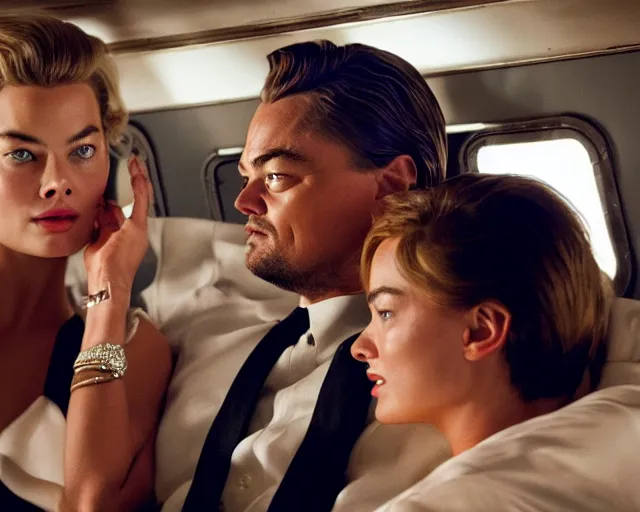 Image similar to leonardo dicaprio as the wolf of wall street next to margot robbie as naomi from the wolf of wall street in a helicopter, hyper realistic faces, beautiful eyes, cinematic, long shot, hyper detailed, 8 5 mm photograph, 8 k resolution, film still, sharp lens, wide lens