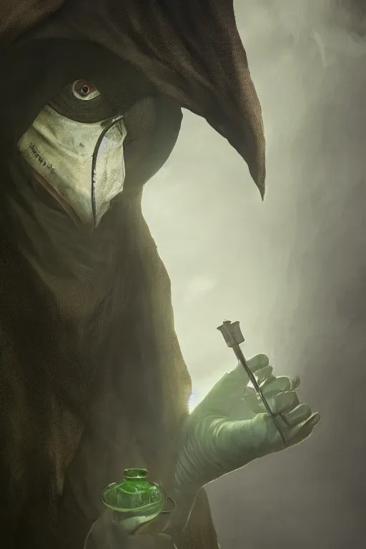 Prompt: A closeup of a green Plague Doctor holding a medical syringe by Greg Rutkowski, Bloodborne, 4k photorealistic, volumetric lighting, HD, high details, dramatic, dark atmosphere, trending on artstation