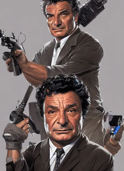 Image similar to Peter Falk as Columbo as a Ghostbuster, intricate, elegant, highly detailed, centered, digital painting, artstation, concept art, smooth, sharp focus, illustration, artgerm, donato giancola, Joseph Christian Leyendecker, WLOP, Artgerm