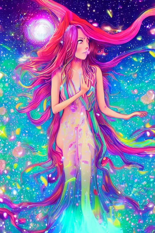 Prompt: psychedelic, whimsical, anime, 4k, beautiful intimate woman with professional makeup, long trippy hair, a crystal and flower dress, bathing in a reflective crystal lake, underneath the stars, rainbow fireflies, trending on patreon, deviantart, twitter, artstation, volumetric lighting, heavy contrast, art style of Ross Tran and Ilya Kuvshinov