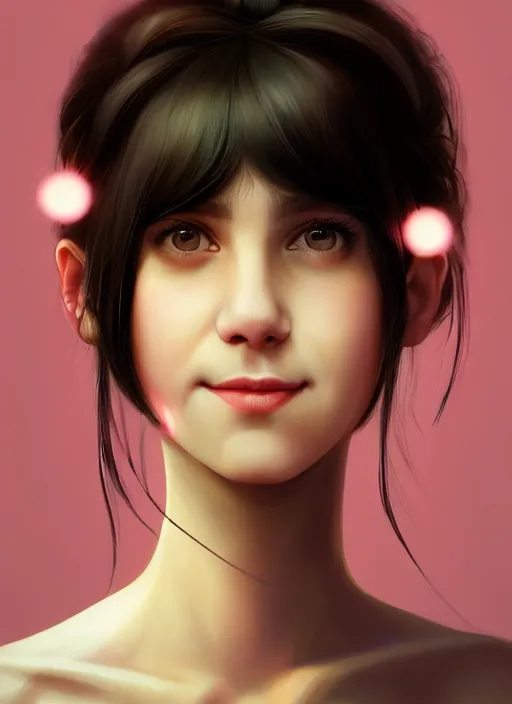 Image similar to portrait of teenage girl, realistic, black hair, bangs, half updo hairstyle, pointy nose, skinny, smile, ugly, defined jawline, big chin, pink hair bow, earrings, intricate, elegant, glowing lights, highly detailed, digital painting, artstation, sharp focus, illustration, art by wlop, mars ravelo and greg rutkowski