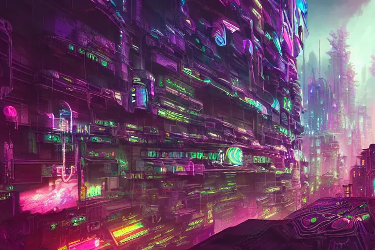 Image similar to a psychedelic cyberpunk city at the edge of existence where intensely creative astral beings live, in the style of wlop, illustration, epic, fantasy, hyper detailed, smooth, unreal engine, sharp focus, ray tracing