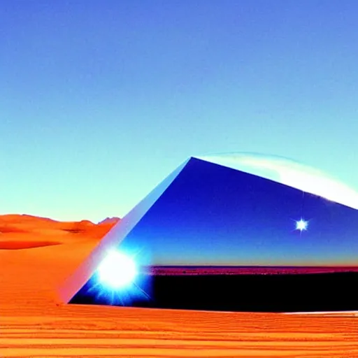 Prompt: big angular crystal in the desert, reflection from the crystal is sparkling due to sun, small starship near, futuristic, hi-tech details, style jean giraud