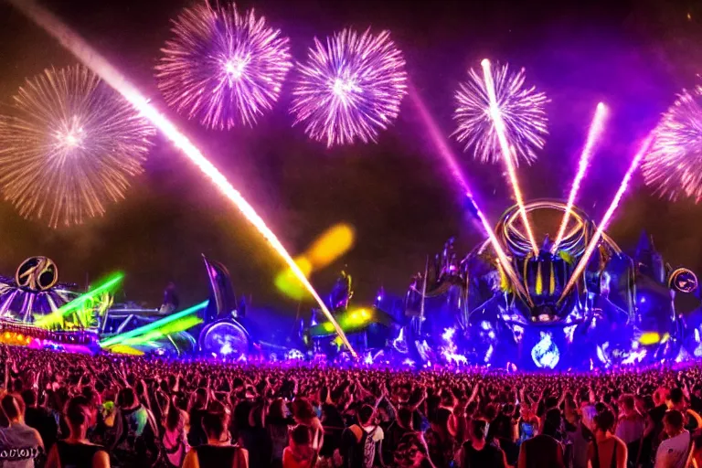 Image similar to the Tomorrowland Mainstage, cinematic lighting, lasers, night-time, festival, Tomorrowland, mainstage, colorful, epic composition