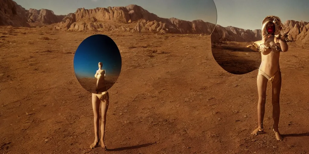 Image similar to levitating woman with full - face golden mask in a dry rocky desert landscape, visible sky and sunny atmosphere, fata morgana and giant square mirrors by alejandro jodorowsky, anamorphic lens, kodakchrome, practical effects, masterpiece, 8 k