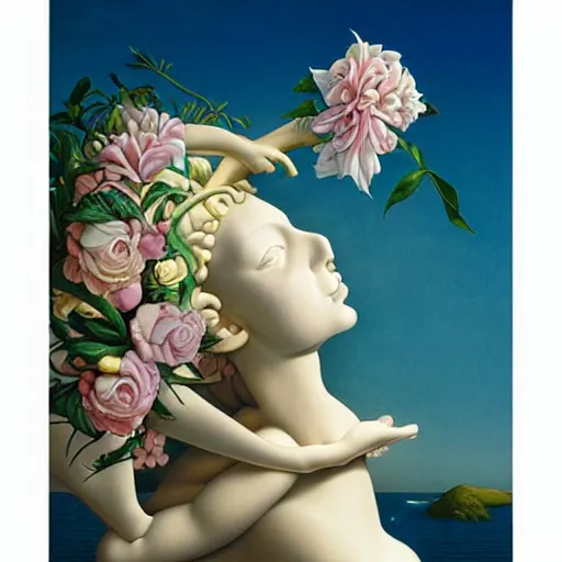 Prompt: Michael Parkes, award winning masterpiece with incredible details, Michael Parkes, a surreal vaporwave vaporwave vaporwave vaporwave vaporwave painting by Michael Parkes of an old pink mannequin head with flowers growing out, sinking underwater, highly detailed Michael Parkes