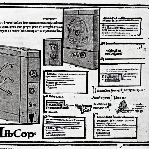 Image similar to advertisement for a laptop computer featuring diagrams and descriptions, medieval illustration, highly detailed historical page