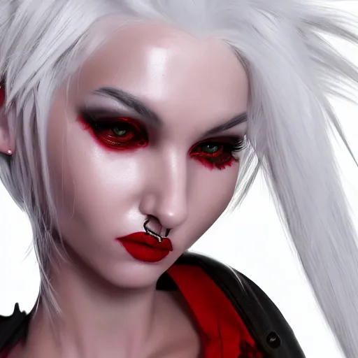 Image similar to a highly detailed portrait of a humanoid demon girl with white hair, red horns, in white clothes, red eyes artstation, deviantart, professional, unreal engine 5, photorealistic