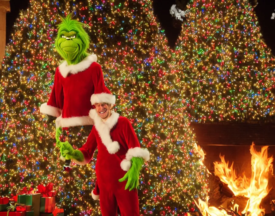 Image similar to the grinch smiling while looking at a 100 ft Christmas tree burning