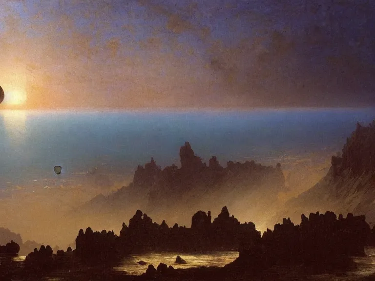 Image similar to an oil painting of an alien planet and the coastline of a black ocean at dawn, beautiful sky by beksinski carl spitzweg and tuomas korpi. baroque elements, full-length view. baroque element. intricate artwork by caravaggio. Trending on artstation. 8k