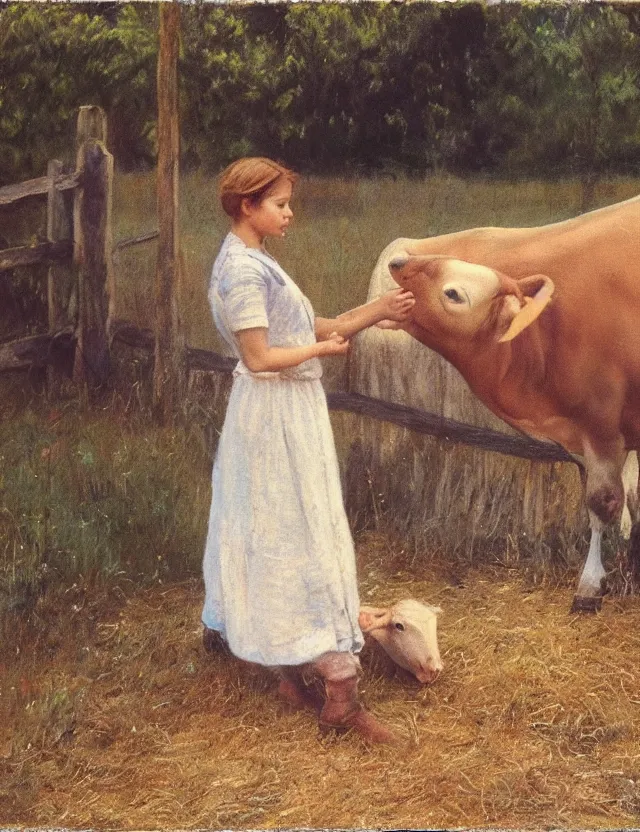 Image similar to portrait of peasant girl petting a cow on a farm, cottage core, cinematic focus, polaroid photo bleached vintage pastel colors high - key lighting, soft lights, foggy, by steve hanks, by lisa yuskavage, by serov valentin, by tarkovsky, 8 k render, detailed, oil on canvas