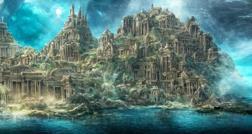 Image similar to a magnificent photo of the lost city of Atlantis, underwater, landscape, unbroken, buildings, epic lighting, hyper detailed, 4K