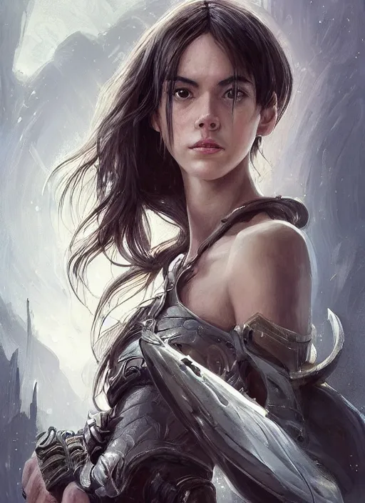 Image similar to a professional portrait of a beautiful young female, clothed in ethereal battle armor, olive skin, long dark hair, beautiful bone structure, symmetrical facial features, intricate, elegant, digital painting, concept art, smooth, sharp focus, finely detailed, illustration, from Valerian and the City of a Thousand Planets, in the style of Ruan Jia and Mandy Jurgens and Artgerm and Greg Rutkowski and William-Adolphe Bouguerea