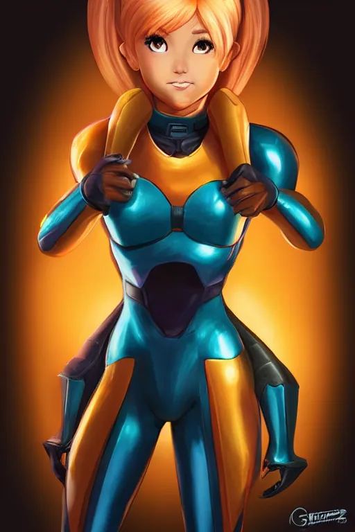 Image similar to Ariana Grande cosplaying as Samus Aran, golden hour, by greg Rutkowksi, by artgerm