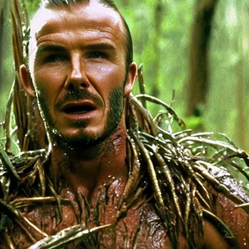 Prompt: cinematic still of david beckham, covered in mud and watching a predator in a swamp in 1 9 8 7 movie predator, hd, 4 k