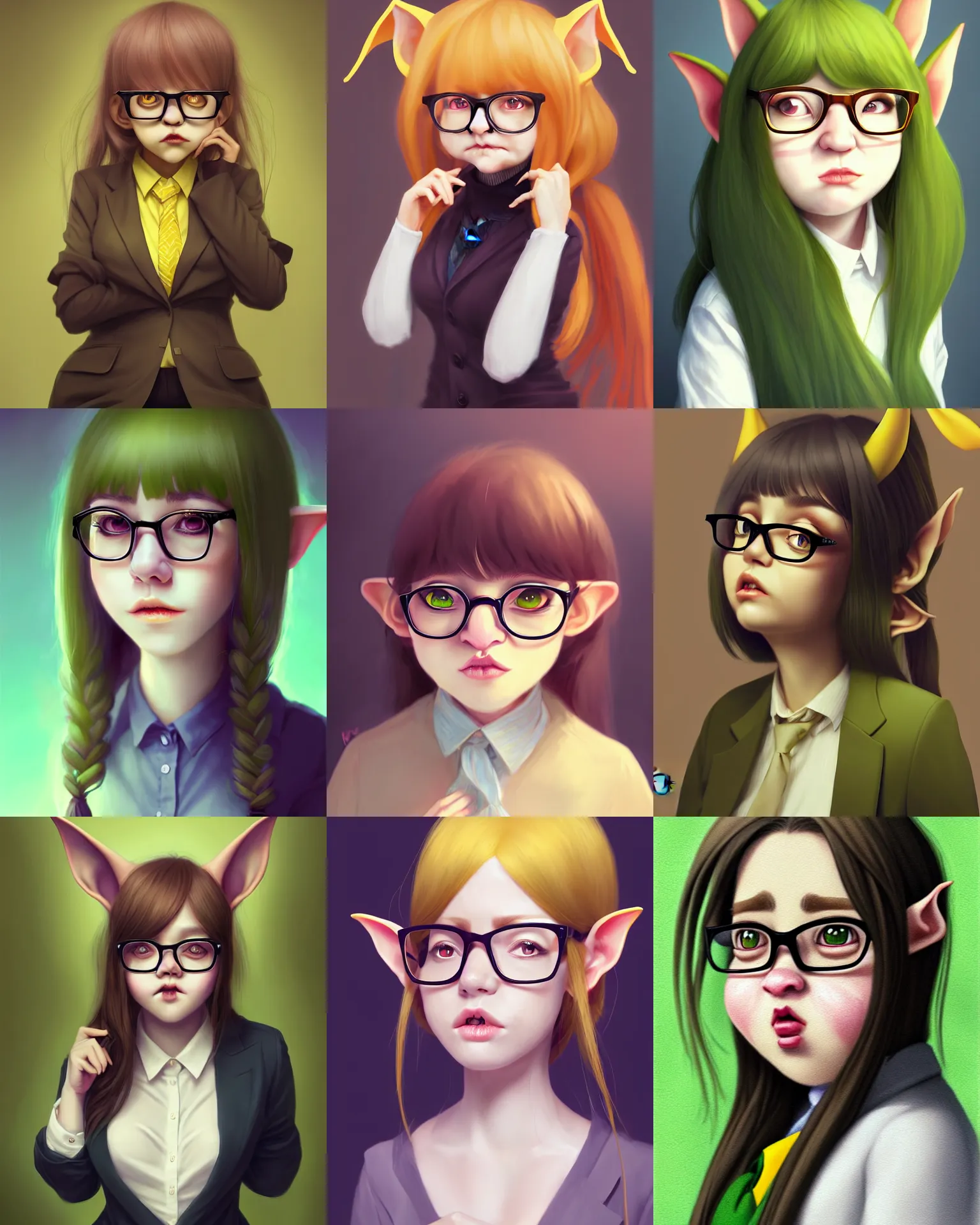 Prompt: beautiful portrait of a shy goblin wearing office clothes, she has a very cute soft face with glasses and yellow eyes and long hair and large pointy goblin ears, her skin is green and she is obese, digital art, colorful scene, art by wlop and sakimichan