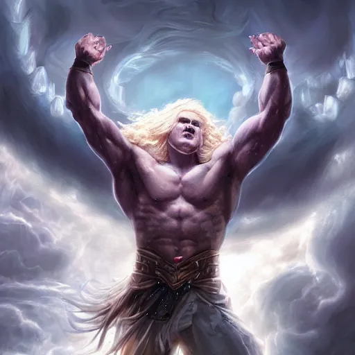 Image similar to aesthetic portrait commission of a albino muscular and attractive anthro lion with mane turning into cosmic smoke while wearing an attractive THOR god of thunder outfit floating inside a floating greek palace in the clouds, fantasy art, hyperdetailed. Character design by charlie bowater, ross tran, artgerm, and makoto shinkai, detailed, inked, western comic book art, 2021 award winning painting