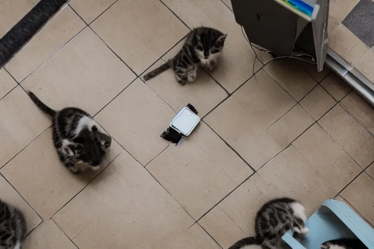 Image similar to overhead view, surveillance, empty store with some kittens sitting on the floor looking directly at the focal point of the camera