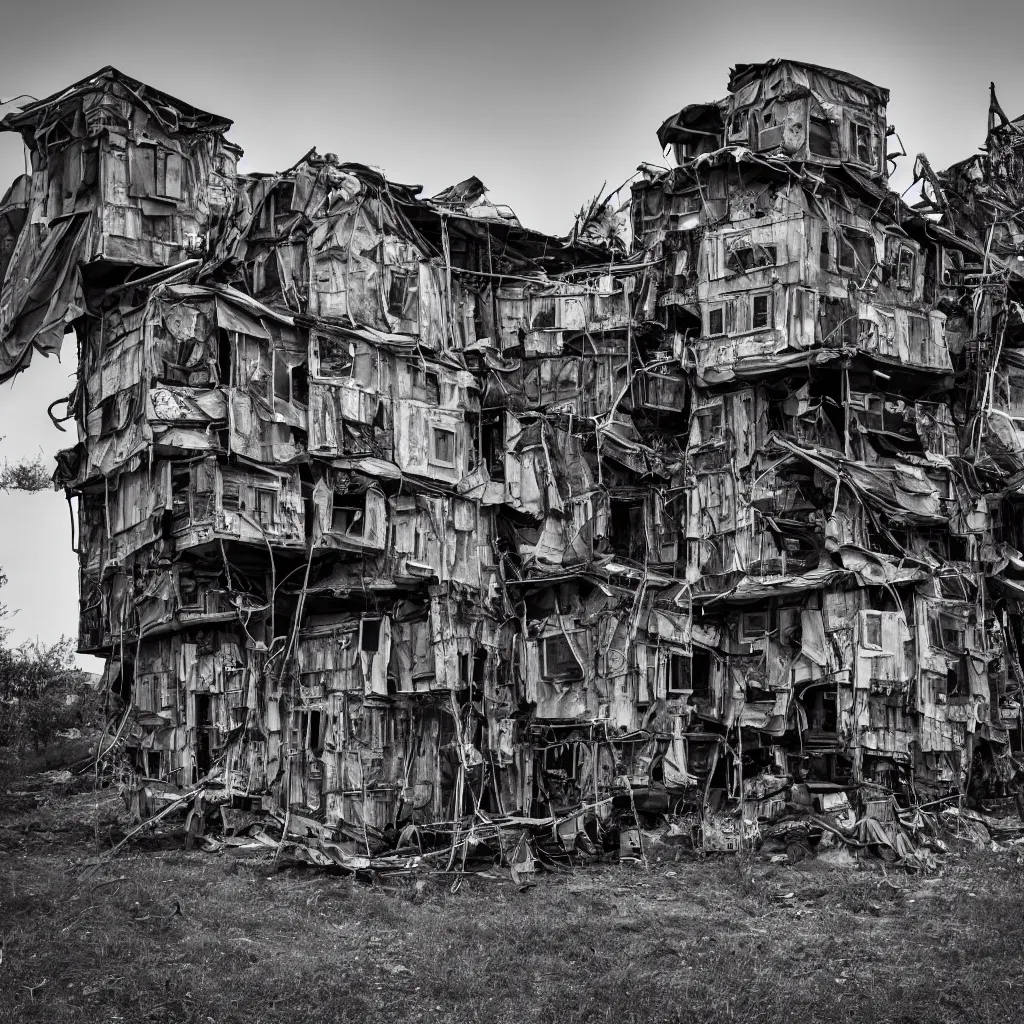 Image similar to a tower made up of makeshift squatter shacks, dystopia, sony a 7 r 3, f 1 1, fully frontal view, photographed by richard avedon, ultra detailed,