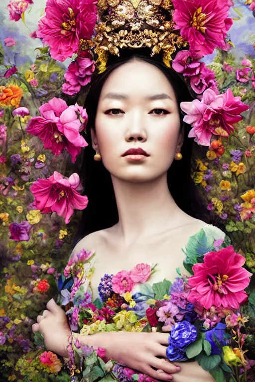 Image similar to a beautiful portrait of an empress in her garden, with a brilliant, impossible striking big flower headpiece, clothes entirely made out of flowers, symmetrical, closeup, dramatic studio lighting, rococo, baroque, jewels, asian, hyperrealism, D&D, fantasy, intricate, elegant, highly detailed, digital painting, artstation, octane render, 8k, concept art, matte, sharp focus, illustration, art by Artgerm and Greg Rutkowski and Alphonse Mucha