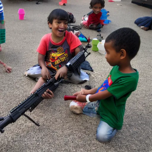 Prompt: a photo of kids playing with aks.