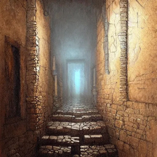 Prompt: masterpiece painting of an incan dungeon small hallway covered with mud with small canal in the middle, dark, torchlight, by greg rutkowski and noah bradley, trending on artstation