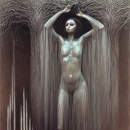 Image similar to dark shrouded woman performing ethereal ritual, expanding energy, epic surrealism oil paint by Ernst Fuchs, Zdzislaw Beksinski, Katsuhuro Otomo highly detailed