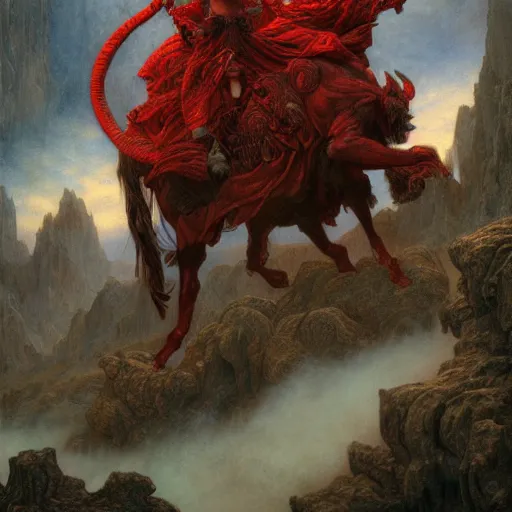 Image similar to a masterpiece! matte painting portrait of a scarlet - colored beast with seven ( 7 ) heads and ten ( 1 0 ) horns by gustave dore and stephen hickman and allen williams, trending on artstation, cgsociety, 8 k hd, earthtone colors, a cloaked woman riding the back of the beast