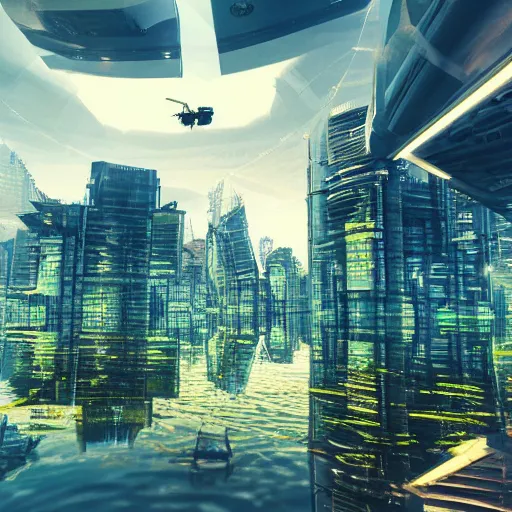 Prompt: futuristic city ultra-realistic utopia lake photorealism reflection jungle drones android,8k