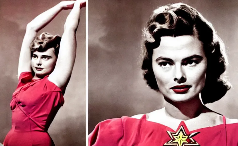 Prompt: a young ingrid bergman as wonder woman. colourful. 1 9 5 0 s. symmetrical. beautiful. powerful.