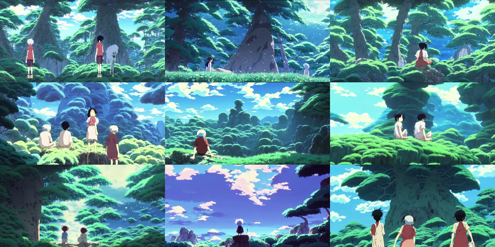 Prompt: a storybook illustration by Studio Ghibli, magical realism, an anime grandpa on an action adventure the otherworldly spirit world, painting by kazuo oga in the anime film, screenshot from the anime film Princess Mononoke by Makoto Shinkai