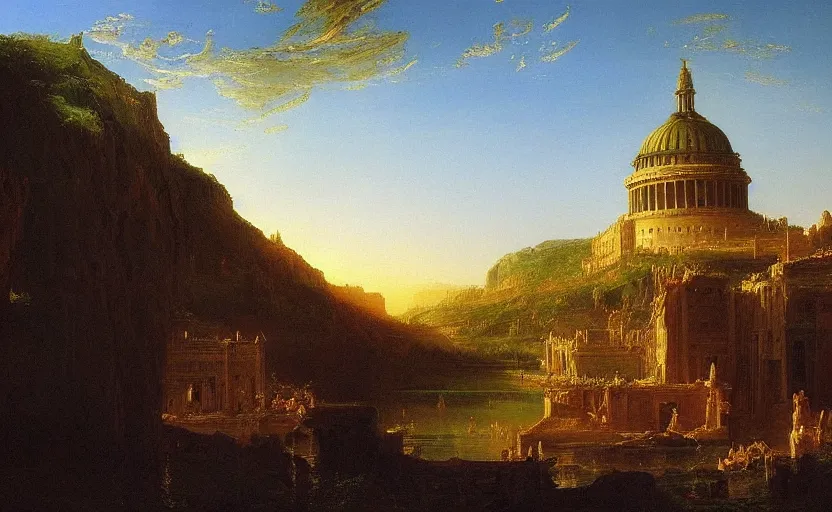 Prompt: a city of light and gold under the ancient runs painted by thomas cole