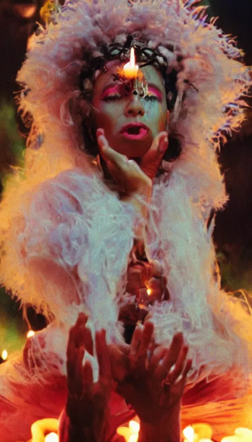 Image similar to movie still by alejandro jodorowsky, portrait of a multicultural beautiful female shamanic cult magician, performing a ritual to manifest dreams, magic details, cinestill 8 0 0 t eastmancolor technicolor, high quality, very detailed, heavy grain, fine facial features, 8 k, octane render